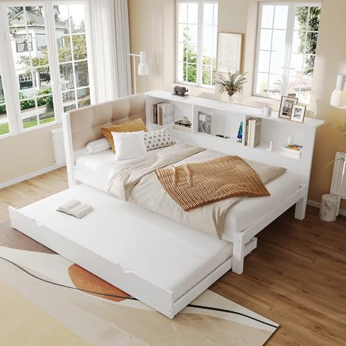 SACOOL Cama de día 90 x 200 cm, sofá cama individual (sin colchón) con cama extensible con tira LED regulable con práctica estantería con puerto USB, madera de pino, color blanco