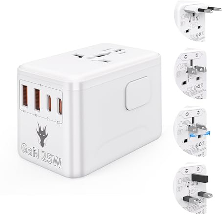 Universell adapter, universell reseadapter med snabbladdning PD (GaN 25W), 2 USB-C-portar/2 USB-A-portar, reseadapter - Travel Essentials, Concerner France till USA, UK, EU, AU