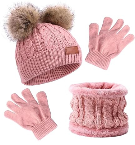 3 Pcs Kids Winter Hat Scarf Gloves Set, Knit Crochet Thick Warm Fluffy Beanie Hat Scarf and Gloves Set for Girls Boys Children Toddler Aged 3-8 years old, for Children Outdoor Sports(COLOR:Pink)