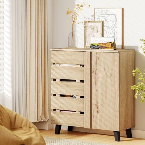 GIANTEX Mueble Zapatero con 2 Puertas, Armario de Zapatos 4 Niveles con 3 Estantes Extraíbles, 1 Puerta Ventilada de Listones, 80x33x87,5cm, Organizador para Recibidor, Pasillo, Salón