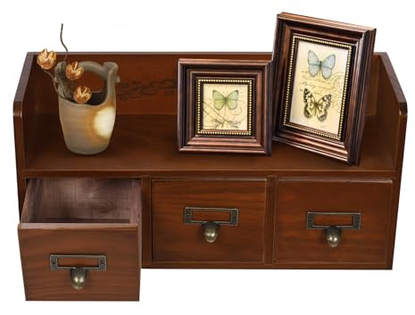Caja de madera vintage con 3 cajones, armario farmacéutico, caja de madera, diseño de asa, madera de pino, resistente y duradera para oficina en casa