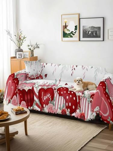 Love Heart Valentines Sofa Cover Blanket Couch Covers for Armchair Cushion,Couch Sofa Silpcover with Tassel,Eucalyptus Botanical Red Pink Living Room Bedroom Throw Towel Blanket Covers XX-L 71x150