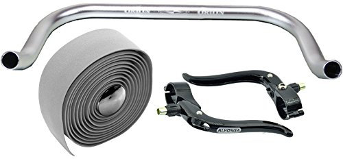 Permanent cykel bullhorn Fixie Singlespeed racercykel triathlon-styre silver 440 mm med matchande bromsspak och grått styrband