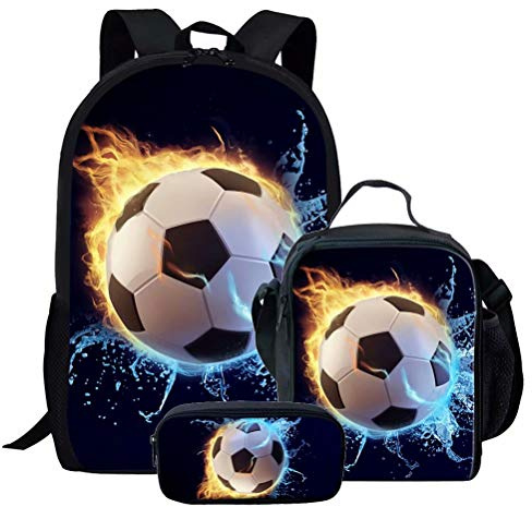 Chaqlin 3 PCS Sac À Dos Set Cool Football Ballon de Football Imprimé Enfants Cartable Sac À Dos Bookbag Isolé Lunch Box Porte-Stylo