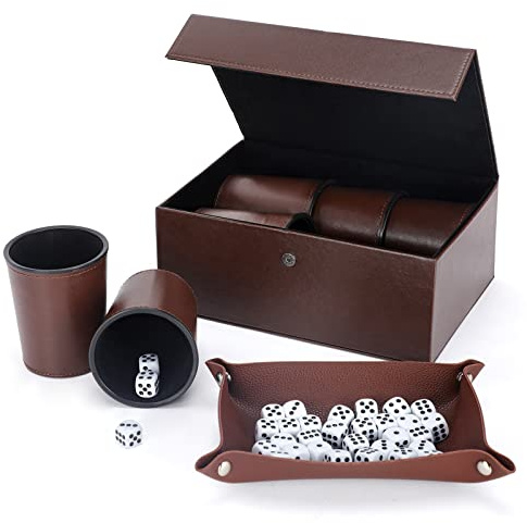 Party Games Leather Dice Cup Set, 6 Black Leather Dice Cups +30 Dice + Exclusive Storage and Transport Case Made of Faux Leather