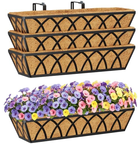 HFHOME 4Pcs 60.9cm/24in Hanging Flower Baskets, Wall Mounted Trough Basket with Coco Liner, Metal Railing Planter Box for Window Box Porch Balcony Fences
