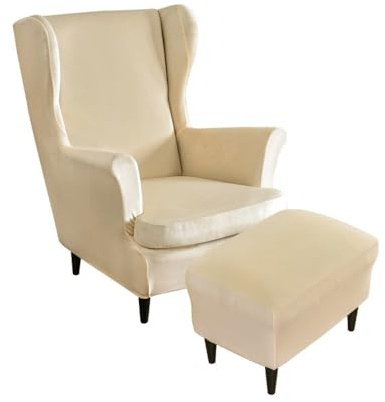 Highdi Terciopelo Funda de Sillón de Orejas Elástica con Funda Otomana, Funda de Sofá Relax 2 Piezas con Funda de Cojín, Fundas Protector de Butaca para Dormitorio, Recepción, Club (Beige)
