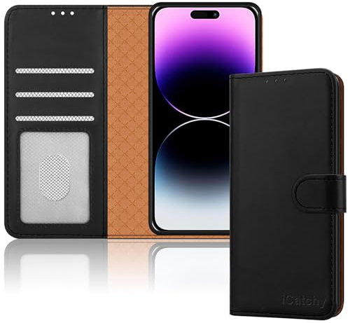 iCatchy for iPhone 14 Pro Max Case 6.7-Inch, Leather Wallet Book Stand view Magnetic Protect Flip Cover (Black)