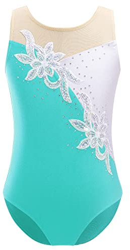 iEFiEL Flicka gymnastikdräkt glitter gymnastikdräkt ärmlös gymnastikdräkt glänsande trikådräkt gymnastik leotard träning gymnastikbody, Himmelsblå, 152