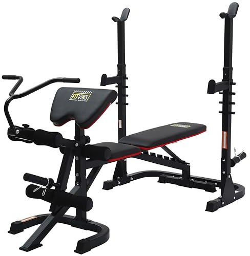 Fitvids Multifunctional Workout Station Adjustable Workout Bench with Squat Rack, Leg Extension, Preacher Curl, and Weight Storage, 800-Pound Capacity, M600