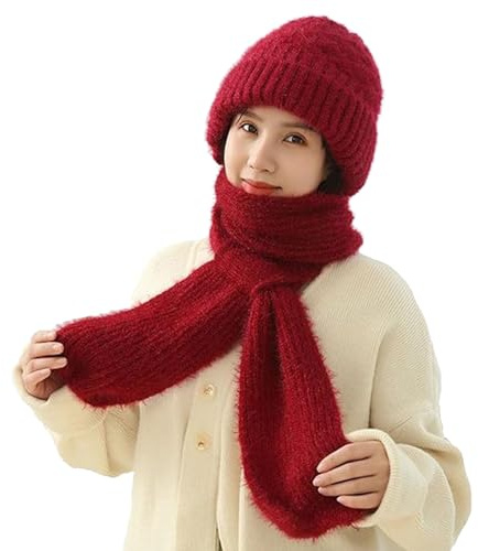 Bufanda de Gorro de Punto cálida 2 en 1 con protección para Las Orejas integrada, Bufanda de Punto Grueso, Gorro de Invierno, Rojo