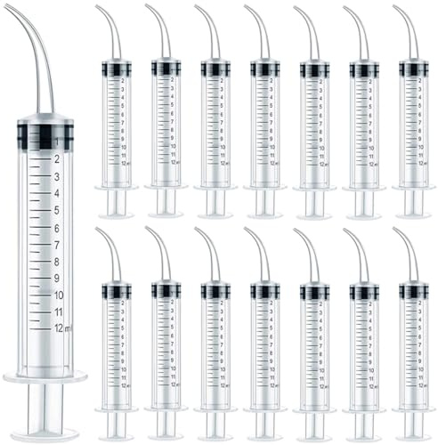 TIHOOD 15PCS 12ml/cc Plastic Syringes with Curved Tip, Disposable Irrigation Syringe Mouthwash Cleaner for Oral Care, Animal Feeding, with Measurement