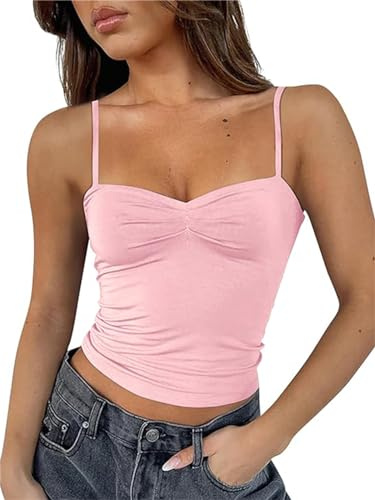 FOFAINWE Ärmlös hjärtformad urringning crop tank toppar rygglös spagettiremmar plissé bustier Y2K Camis utekväll topp, ROSA, S
