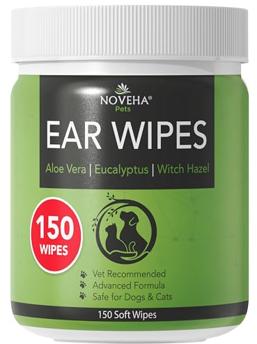 NOVEHA 150PCs Dog Ear Cleaner Wipes, Daily Ear Cleaner for Dogs & Cats - Stop Ear Itching with Aloe, Eucalyptus & Witch Hazel Ear Wipes for Dogs - for Odor Control, Dirt and Wax Removal, Unscented