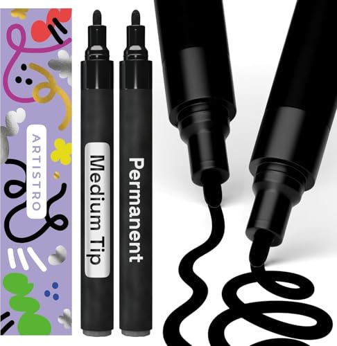Artistro Pennarello Permanente Nero 2 Pezzi – Pennarelli Impermeabili per Gomma, Tessuto, Pietra, Vetro, Ceramica, Legno, Carta – Penne a Vernice a Olio – Punta Media 3 mm