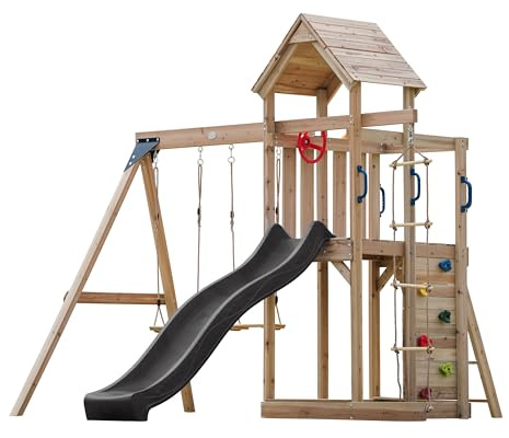 AXI Moos Casetta in Legno Bimbi Completa, 2 Altalene, Scivolo Grigio, Scala di corda/Parco giochi all'aperto con Altalene/Sabbiera/Muro di Arrampicata | Casetta in legno da esterno su palafitte