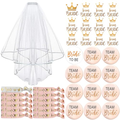 TZEKING 37 Piezas Despedida de Soltera Accesorios,Chapas Alfileres Despedida de Soltera,11 Team Bride Chapas, 1 Bride Chapas,Velo Novia Despedida, 12 Tatuajes,12 Pulseras,Accesorios Despedida Equipo