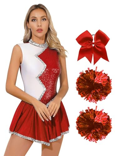 TTAO Damen Cheer Leader Kostüm Set Mit Pom Tanzkostüm Set Cheerleading Uniform Mit Pompoms Halloween Tanzkleidungset Festlich Karneval Faschings Cosplay Rot M