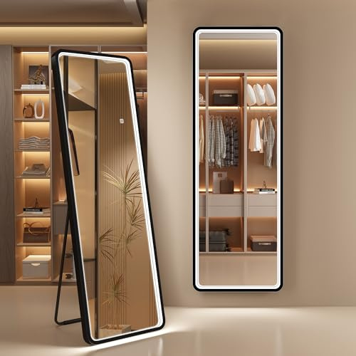 S'bagno LED Full Length Mirrors 160x50 cm, Aluminum Frame, Free Standing Mirror Full Length Dimming & 3000-6500K & Memory Function, Reinforced Glass, Large Leaning Long Mirror for Cloakroom, Black