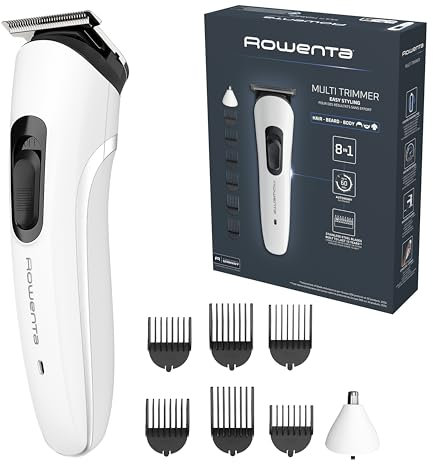 Rowenta Trim & Style 8 in 1, Regolabarba Multifunzione da Uomo, Lame Autoaffilanti in Acciaio Inox, 6 Pettini Fissi, Accessorio Naso e Orecchie, TN8934E0