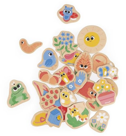 Janod - 24 Magnets en Bois Aimantés - Thème Jardin - Animaux du Jardin - Jouet en Bois - Idéal Tableau ou frigo - Jeu Éducatif Magnétique, pour Manipuler, Expérimenter et s’Amuser - Dès 2 Ans, J09646