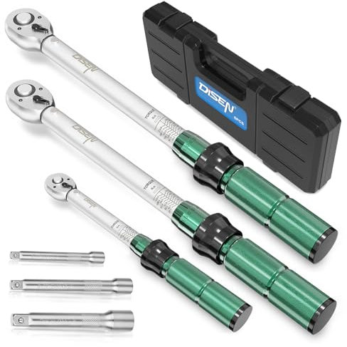 DISEN 6-tlg Drehmomentschlüssel-Set mit Präzisions Kalibrierung (1/2+3/8+1/4 Zoll) - Bidirektionaler Ratschenkopf, für Auto, Motorrad, Fahrrad - Mit Kalibrierzertifikat & Aufbewahrungskoffer