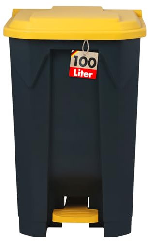 KARAT Poubelle avec couvercle hermétique et 2 poignets de transport en plastique pour usage intérieur extérieur, résistant aux intempéries, Idéal pour Jardin Restaurant (Jaune (Olaf), 100l)