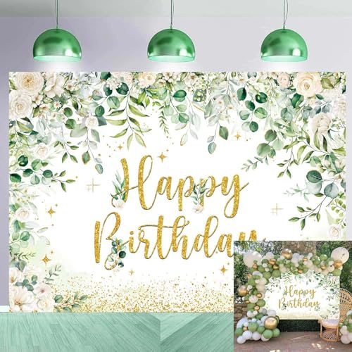 Greenery Toile de fond « Happy Birthday » - Feuilles d'eucalyptus - Fleurs blanches - Pour photographie - Vert sauge - Décorations de fête d'anniversaire