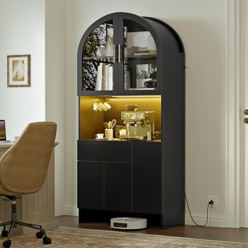 Arched Pantry Cabinet with Power Outlet & LED Light, 71 Extra-Wide Kitchen Storage Hutch with Top Glass & Bottom Solid Doors, Freestanding Organizer for Coffee Bar, Dining Room & Office (Black)