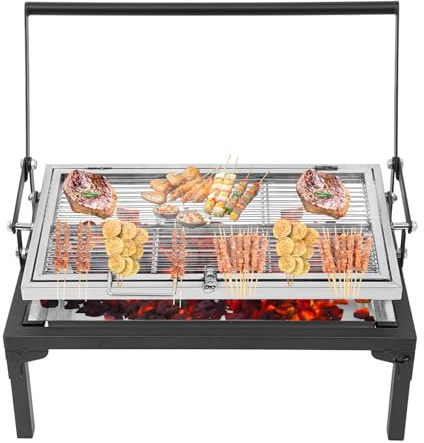 Barbacoa plegable de carbón vegetal de acero inoxidable con parrilla giratoria de 360°, barbacoa portátil para terraza, camping, fiesta (68 x 38 x 35 cm)