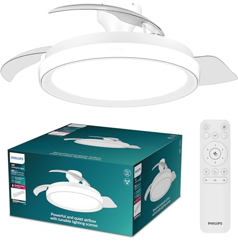 Philips Bliss Lámpara de Techo con Ventilador Aspas Retráctiles LED, 3 Aspas, 106 Cm de Envergadura, 4500 Lúmenes, Luz Blanca Ajustable de 3000 K a 6500 K, Regulable al 5%, Mando a Distancia, Blanco
