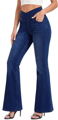 Fiita Bootcut Jean pour Femme, col en V, Taille Haute, Pull on Ventre, Skinny, Denim, très élastique, Tissu Doux, Pantalon de Fitness Contrôle du Ventre - avec Poches