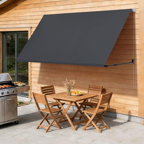 Jaxguom Markise Fallarmmarkise einziehbar 200x150cm, Stützarm 70-120cm verstellbar, 2m Perlenkette, Wandmontage, Sonnenschutz & Windschutz für Balkon Terrasse Garten, Dunkelgrau