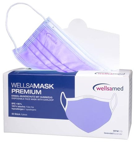 Wellsamed Wellsamask 50 Stück medizinischer Mundschutz Type IIR mit Gummizug, einfarbig Lavendel Lila