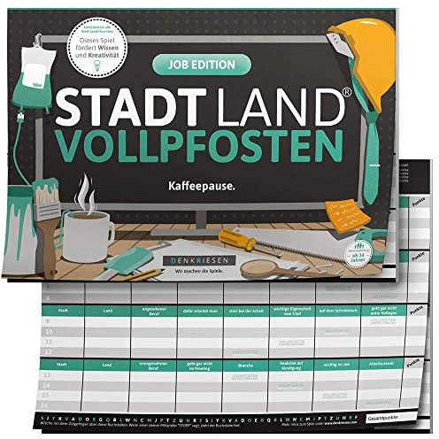 DENKRIESEN - Stadt Land VOLLPFOSTEN® - Job Edition 'Kaffeepause Kollegen' | Spielblock | Stadt Land Fluss | 26 Kategorien | Lustiges Spiel für Freunde und Familie