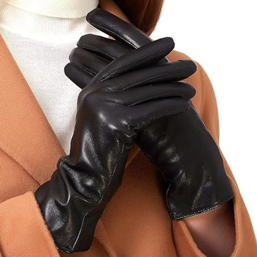 ZLUXURQ Damen Weiche schwarze echte Lammfell Leder Leder kaltes Wetter Touchscreen Handschuhe Kaschmir gefüttert