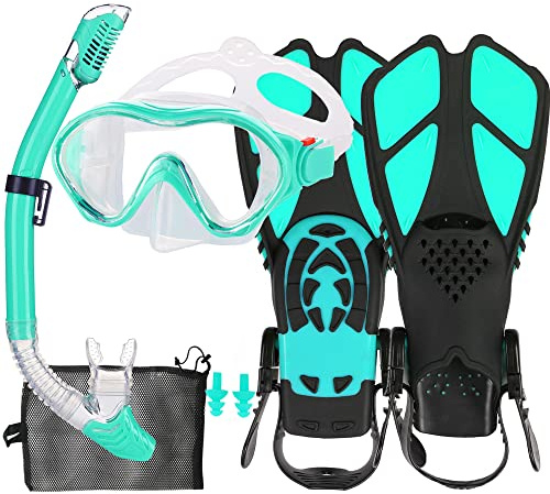 HH HHAO SPORT Kids Mask Fins Snorkel Set Snorkeling Packages, with Diving Mask, Snorkel, Adjustable Swim Fins, Mesh Bag, Anti-Fog Anti-Leak Snorkeling Gear for Kids for Snorkeling Swimming Diving