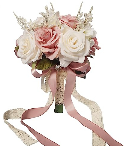 LEIFENY Ramos de Boda para Novia, Color Blanco champán y Rosa, Flores de Boda, Rosa Artificial para Ceremonia Civil (Mango de Cinta de Encaje Hueco)