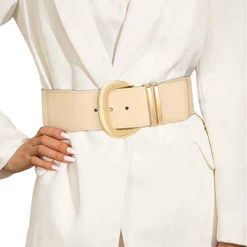 JASGOOD Women Wide Elastic Waist Belt for Dresses Fashion Ladies Stretchy Leather Waistband with Gold Buckle, Beige, Fits Waist Size 28-33