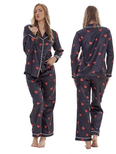 Keanu Ladies Satin Pyjamas - Long Sleeve Top with Long Bottoms - Silk Satin Pjs Soft Button Down Sleepwear Set Loungewear - Sizes 8-20 (Black Hearts Print, 12-14)