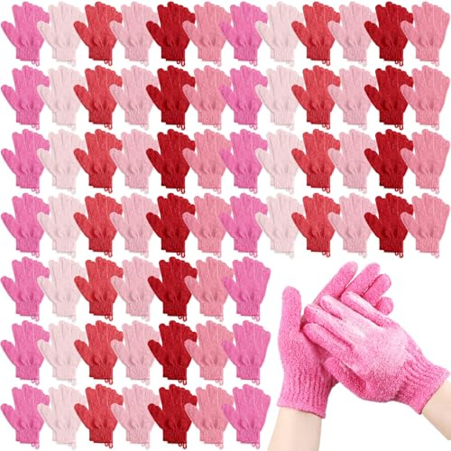 Cuffbow 90 Pcs 45 Pairs Exfoliating Double Sided Bath Gloves with Hanging Loop Colorful Body Shower Gloves for Men Women Beauty Spa Massage Clean Shower Skin Bathing Scrubber Accessories(Pink)