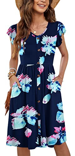MOLERANI Women Summer Dresses Ruffle Sleeve V Neck Casual Swing Elastic Waist Midi Dress with Pockets Floral Navy Pink XL
