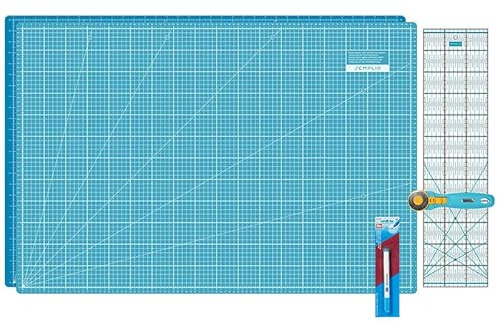 SEMPLIX Skärmattor set – skärunderlägg 90 x 60 cm (A1), rullskärare Maxi, lapptäcke linjal Aqua-trickmarkör (turkos/petrol)