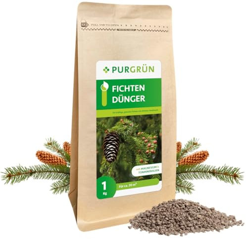 Purgrün® Fichten-Dünger 1 kg – Organisch-mineralische Rezeptur – Feinkörniges Krümelgranulat – NPK 5+4+6 – Extra Magnesium verhindert Nadelverfärbungen – Verbessert die Bodenqualität