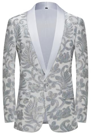 PYJTRL Hombres Moda Terciopelo Lentejuelas Patrón Floral Traje Chaqueta Blazer,Platead,L