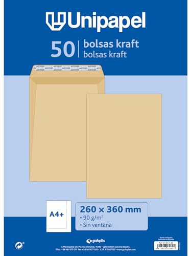 Unipapel - Pack 50 Sobres Papel Kraft 90g, 260x360mm, Bolsa Cierre Recto con Tira Autoadhesiva Silicona Autodesk, Apertura Superior, Elegante Papel Verjurado, Ideales para Documentos de Oficina