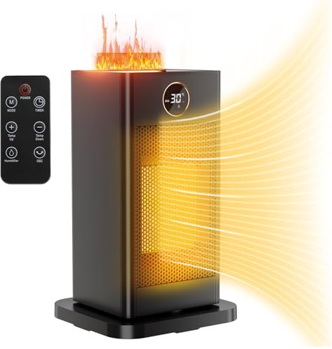 LIFERUN Keramik Heizlüfter Energiesparend mit Luftbefeuchter led Flammenlicht, Leise, 2S Wärmt Schnell, 90°Oszillation, mit Fernbedienung, Timer, Elektrische Heizung Schlafzimmer, Büro (S-1500W)