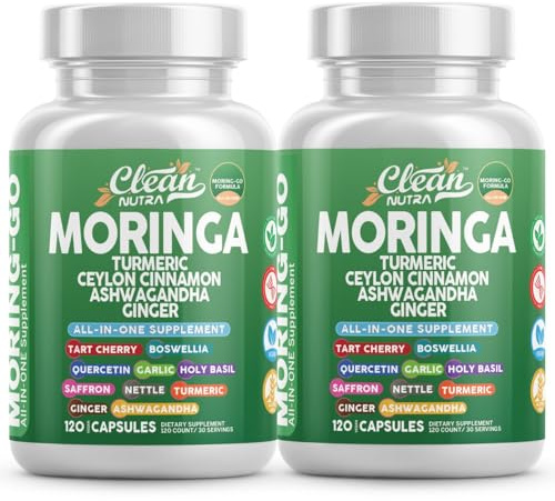 Moringa Powder Capsules + Turmeric Moringa Leaf Ceylon Cinnamon Ashwagandha Ginger Tart Cherry Boswellia Quercetin Garlic Holy Basil Saffron Nettle Black Pepper Moring-Go Supplement By Clean Nutra (2)
