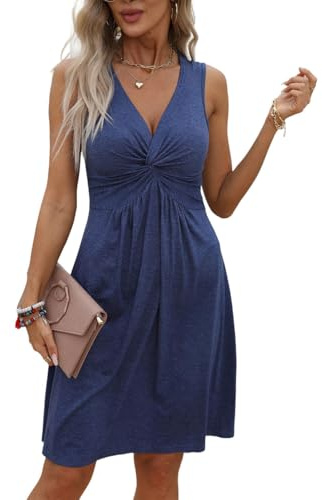 GRMLRPT Vestido sin Mangas Mujer Escote en V Liso Vestido Elegante Casual Verano Algodón Elástico Vestido para Oficina Playa Fiesta(Azul,L)