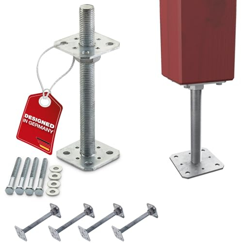 SOTECH set med 4 stolpstöd 80 x 80 x 250 mm gänga M24 stål varmförzinkat stödfäste höjdjusterbar stolpbas för fastskruvning väderbeständig